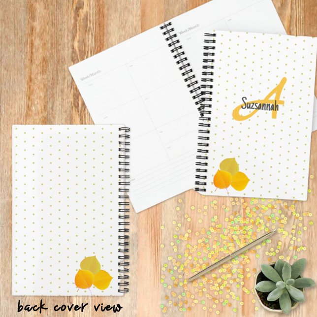 Feuilles et Motif de point de polka de monogramme (Autumn inspired personalized planner cover design features fall colored Aspen leaves front and back.)
