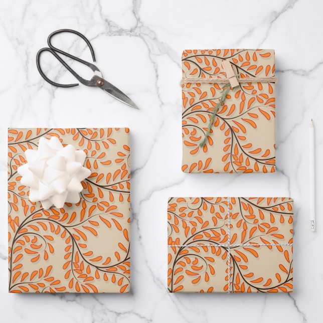 Feuilles orange tourbillonnantes sur fond beige (Recto)