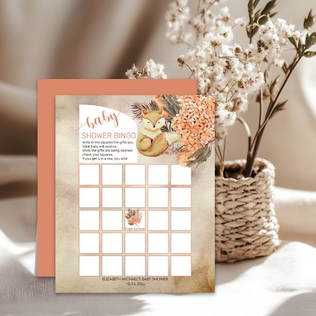 Feuilles Palm |Carte de Baby shower de bingo Hydra (Boho Palm Leaves and Hydrangeas Sleeping Fox Baby Shower Bingo Card)