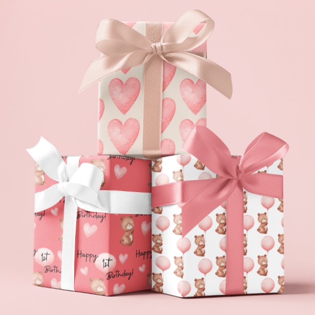 Feuilles papier d'enveloppement de premier anniver (Celebrate a special 1st birthday with these cute bear wrapping paper sheets! )