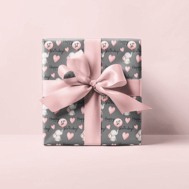 Feuilles papier d'enveloppement d'éléphant 1er ann (Celebrate a special 1st birthday with this adorable elephant wrapping paper set! )