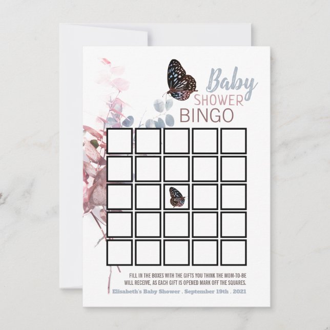 Feuilles papillons, Élégant Baby shower Bingo (Devant)