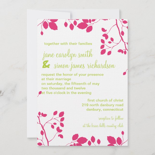 Feuilles roses -Belles invitations de mariage (Devant)