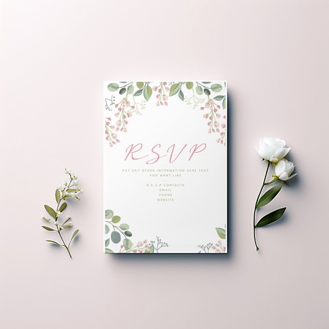 Feuilles roses et verts et fleurs carte "RSVP" (Pretty wedding RSVP card with pink flowers and olive branches.)