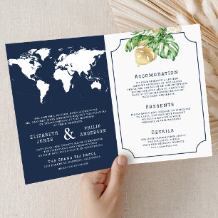 Feuilles Tropicales Carte du Monde Marine Mariage