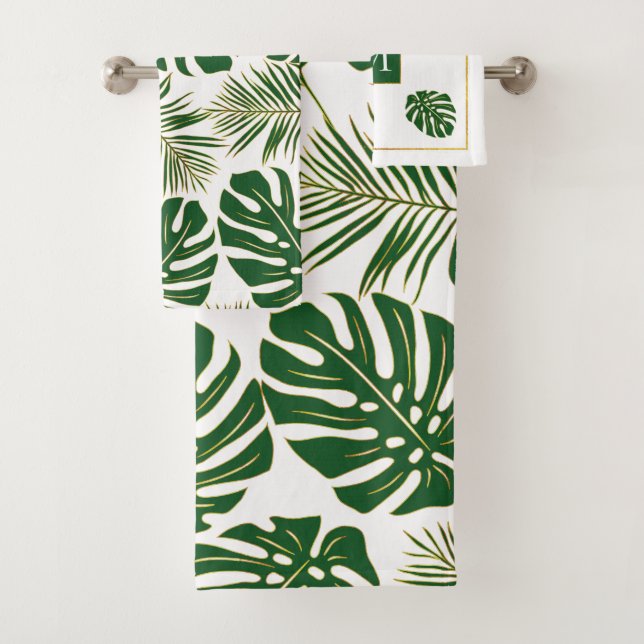 Feuilles tropicaux et monogramme vert, or (En situation)