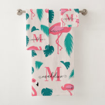 Feuilles tropicaux Flamant rose rose chaud Monogra