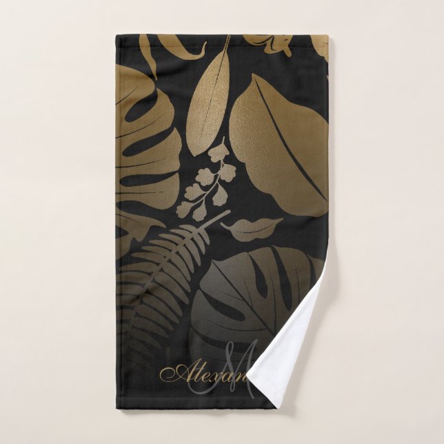 Feuilles tropicaux Noir et Or (Serviette à main)