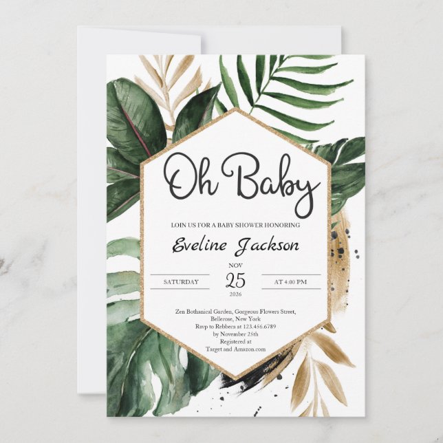 Feuilles tropicaux Oh Baby shower Invitation Verdu (Devant)