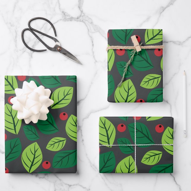 Feuilles Vertes, Baies Rouges, Motif De Feuilles (Recto)
