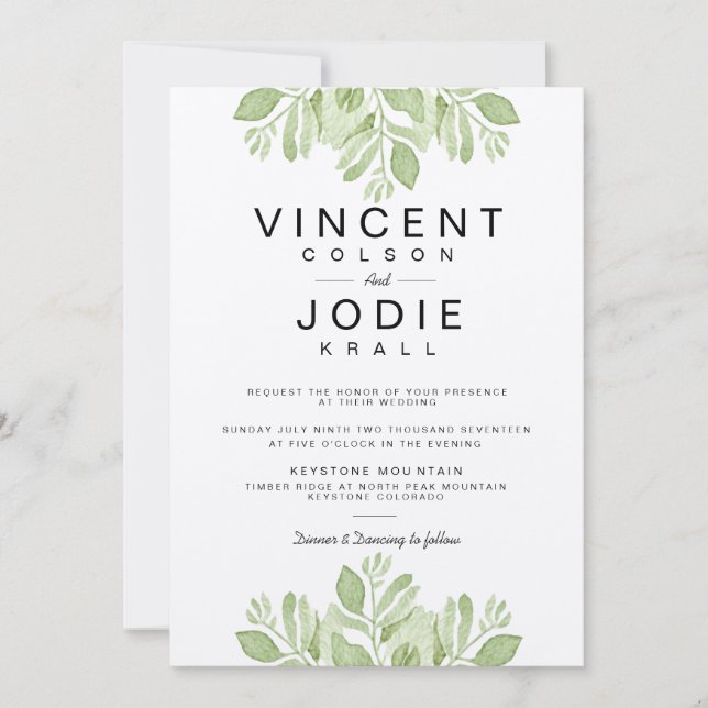 Feuilles verts rustiques | Invitation de mariage a (Devant)