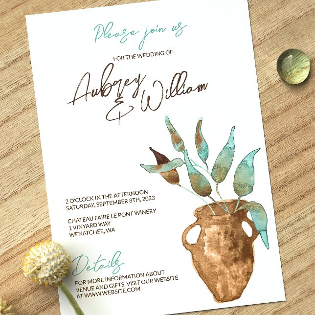 Feuilles verts rustiques, Invitations de mariage e (Clay Terracotta Pot, Eucalyptus Green Leaves Simple Botanical Wedding Invitation, Painted Watercolor)