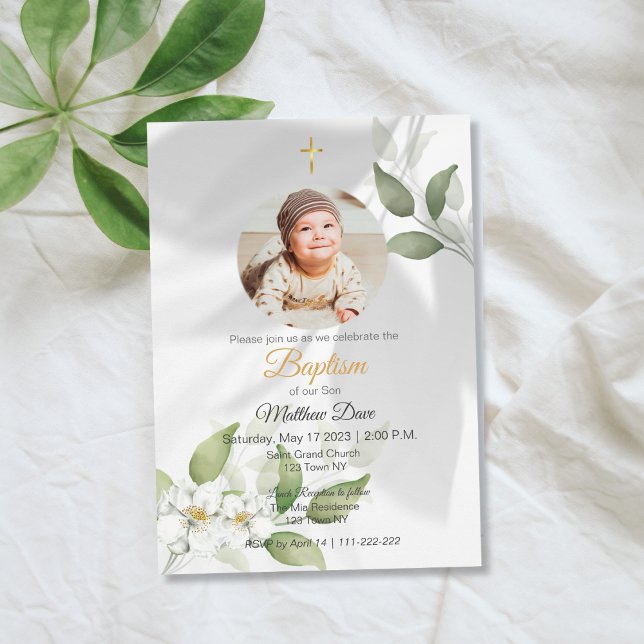 Feuilles verts simples avec invitation photo Baptê (Simple Green Leaves with photo Baptism Invitation)