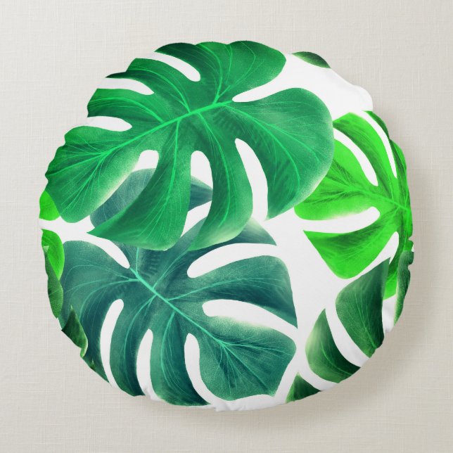 Feuilles verts tropicaux Imprimer Coussin rond (Devant)
