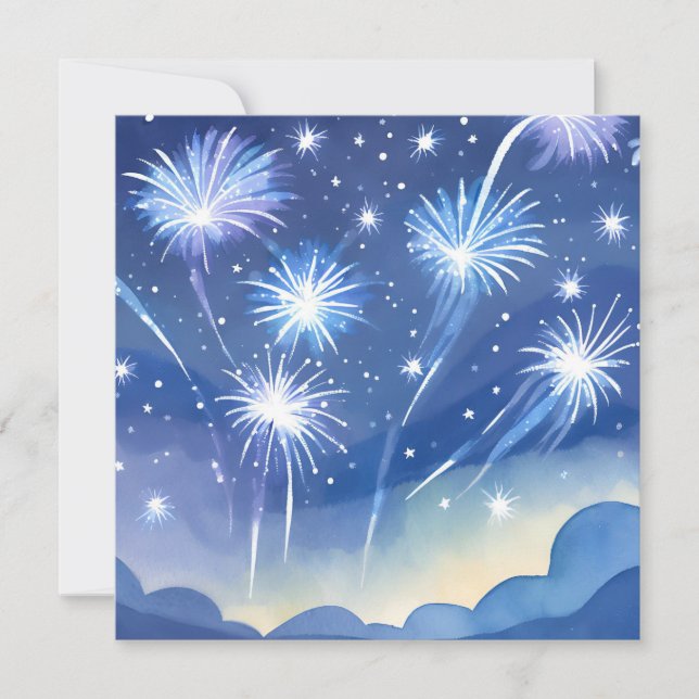 Feux d'artifice bleus | Carte aquarelle de célébra (Devant)