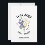 FEVRIER Mois de naissance Fleur Carte d'anniversai<br><div class="desc">FEVRIER NAISSANCE Mois Fleur ANNIVERSAIRE avec TEXTE PERSONNALISABLE. Le design présente une exposition florale de VIOLETS et de PRIMROSES pour ceux qui ont des anniversaires de FÉVRIER. Ajoutez votre nom, votre salutation ou tout autre texte à l'avant et personnalisez votre message à l'envers. Ce mois de naissance fleur CARTE d'ANNIVERSAIRE...</div>