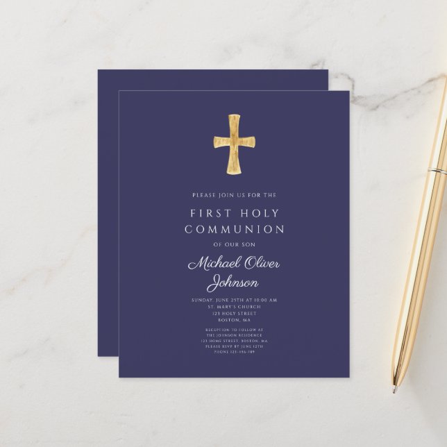 Fiche d'invitation de première communion garçon bl (Devant/Arrière en situation)