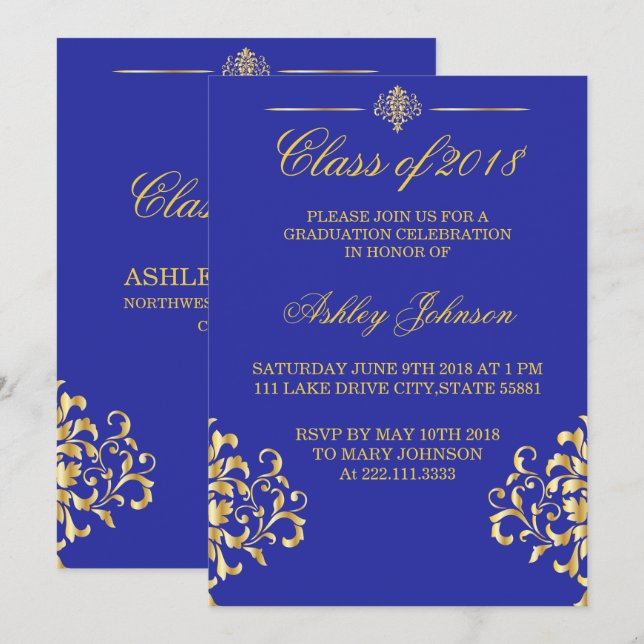 Fiche d'or et invitation à la Royal Blue Graduatio (Devant / Derrière)