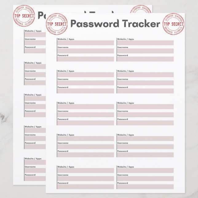 Fiche papier Top Secret Password Tracker (Devant / Derrière)