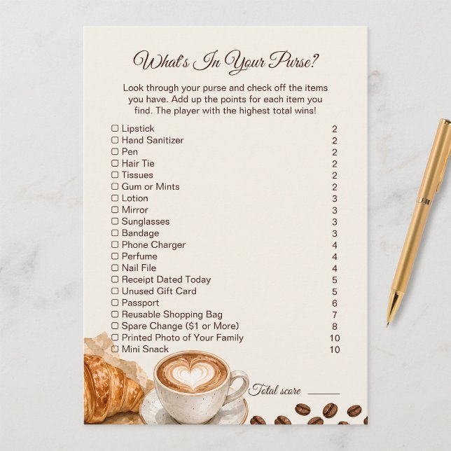 Fiches de jeu « L'amour est en train de se prépare (Love Is Brewing Whats In Your Purse Game Sheets
)