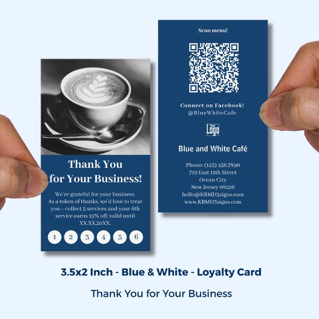 Fidélité Cafe Moderne Bleu et Blanc avec Logo Carte de Fidé (Modern Blue & White Cafe with Logo Thank You Punch Loyalty Card; Size: 3.5x2 Inch, Portrait Format)