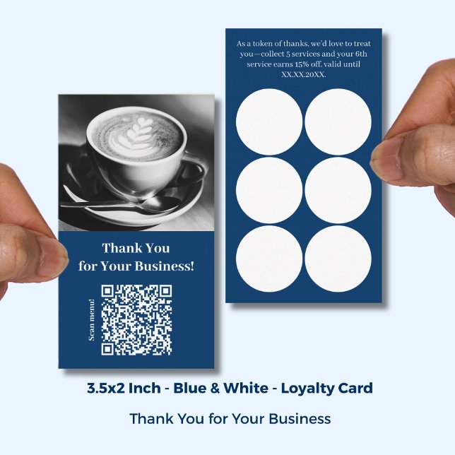 Fidélité Carte de remerciement avec QR Code - Café Bleu (Thank You with QR Code - Blue Café Loyalty Card; Size: 3.5x2 Inch)