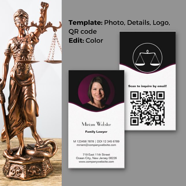 Fidélité Carte de visite d'avocat de famille sophistiqué (Sophisticated Family Lawyer Business Card, Profile Photo, Logo, QR code, CTA, Black & White)