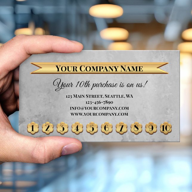 Fidélité Carte de visite de la carte perforée Gold Grey (Professional grey artistic loyalty business card with gold metallic punch numbers - customer reward)