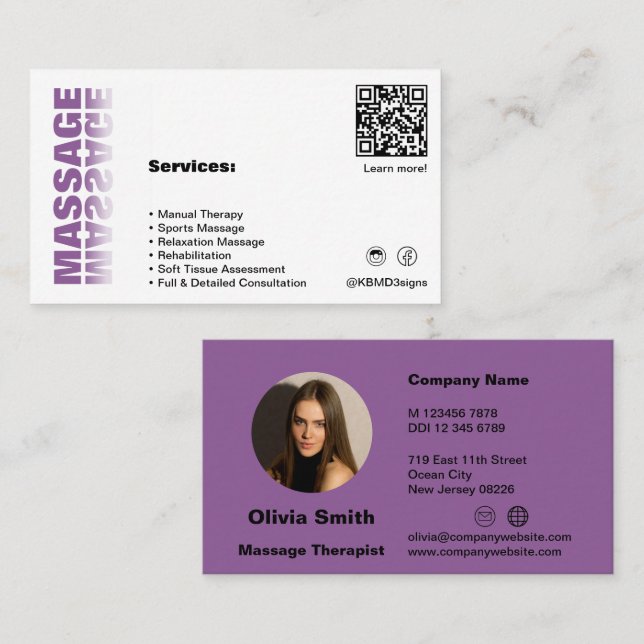 Fidélité Carte de visite de massage tendance blanc et viole (Devant / Derrière)