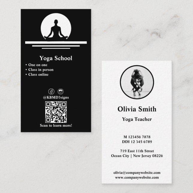 Fidélité Carte de visite professionnel de yoga noir et blan (Devant / Derrière)