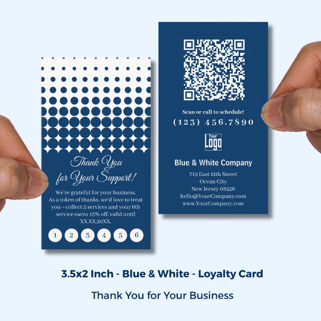 Fidélité Classique Bleu et Blanc avec Logo Carte de Remerci (Classic Blue & White with Logo Thank You Punch Loyalty Card; Size: 3.5x2 Inch)