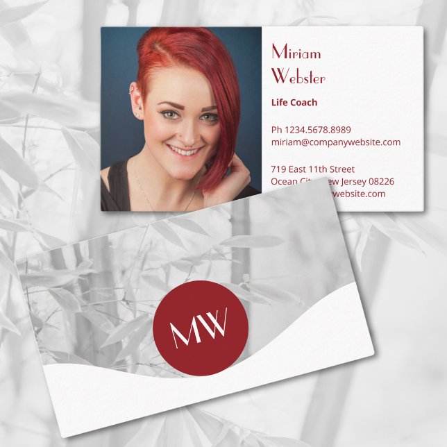 Fidélité Entraîneur de vie professionnelle Carte de visite  (Professional Life Coach Personal Business Card, Profile Photo, Initials, Red & White)