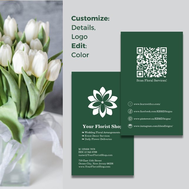 Fidélité Floral Services fleuriste Vert Carte de visite bla (Floral Services Florist Green White Business Card, Blossom Logo, QR code)