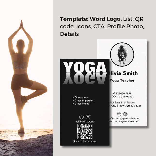 Fidélité Grève un pose Carte de visite enseignant de Yoga t (Strike a Pose Trendy Yoga Teacher Business Card, Word Logo, Service List, QR code, Photo)