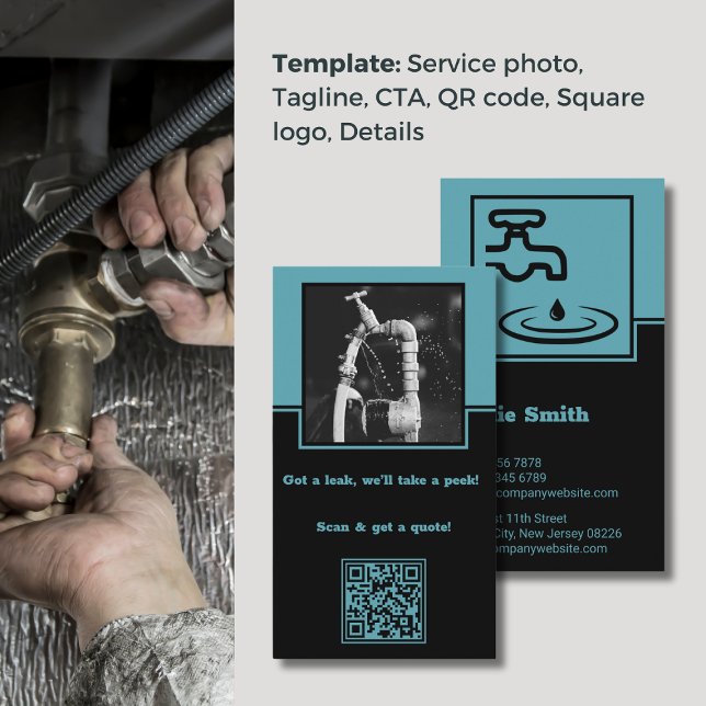 Fidélité Slogan professionnel Carte de visite de plomberie  (Professional Slogan Blue Plumber Business Card, Photo, Logo, QR code, CTA, Tagline)