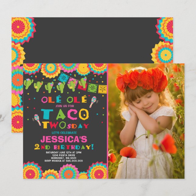 Fiesta 2e anniversaire Invitation Taco fête du Two (Devant / Derrière)