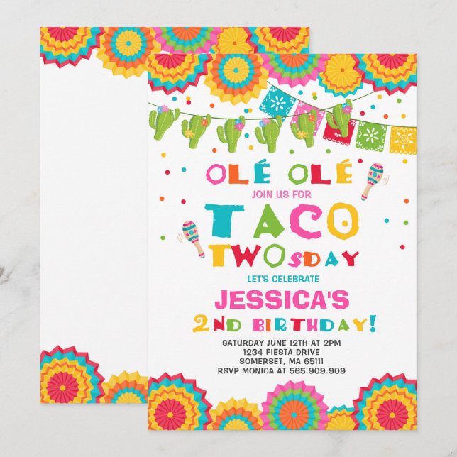 Fiesta 2e anniversaire Invitation Taco fête du Two (Devant / Derrière)