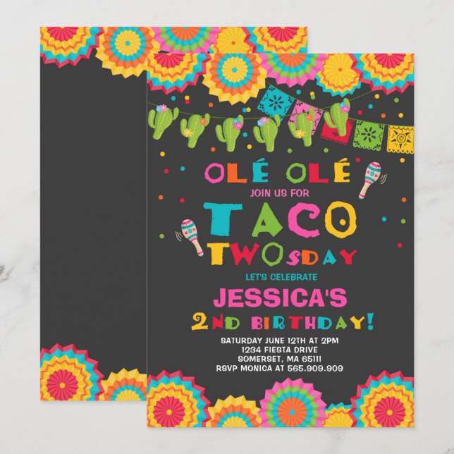 Fiesta 2e anniversaire Invitation Taco fête du Two (Devant / Derrière)
