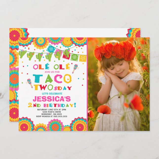 Fiesta 2e anniversaire Invitation Taco fête du Two (Devant / Derrière)