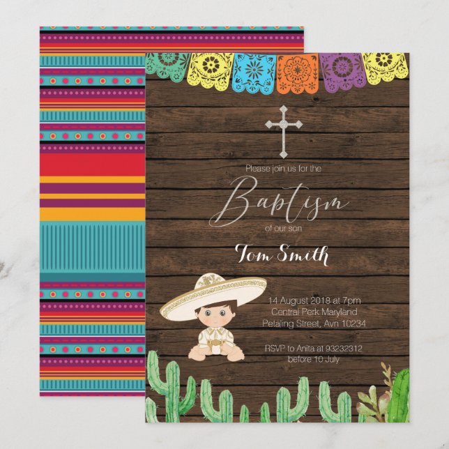 Fiesta Boy Baptism Christening Invitation Card (Devant / Derrière)
