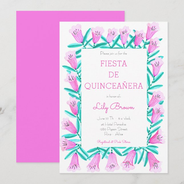 Fiesta de Quinceañera Invitation Flores Rosa (Devant / Derrière)