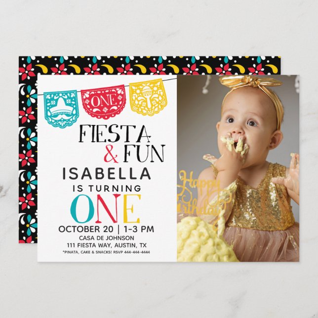 Fiesta & Fun First Birthday Photo Invitation (Devant / Derrière)