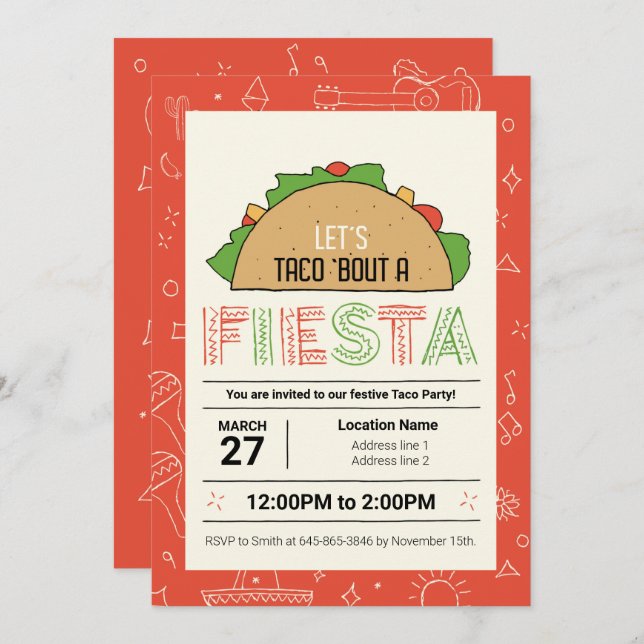Fiesta ! Invitations du parti Taco modifiables (Devant / Derrière)