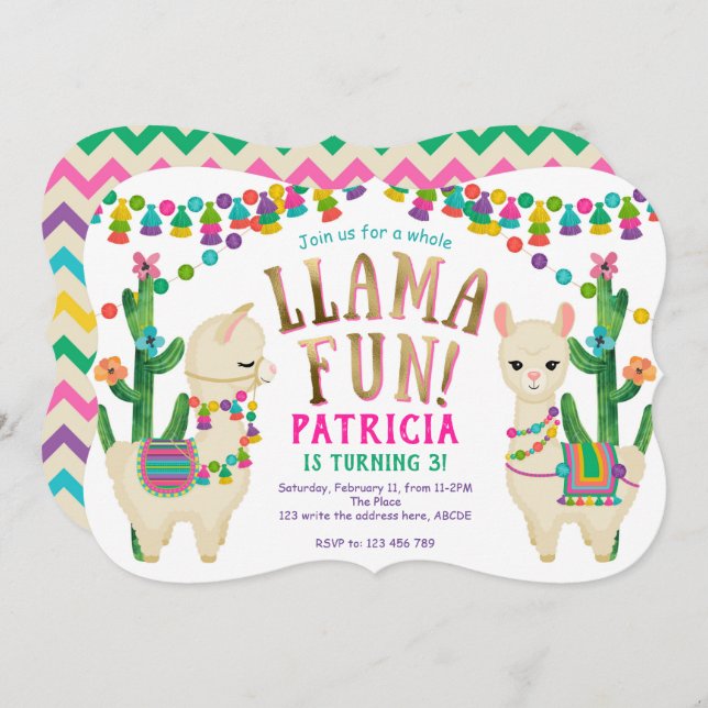 Fiesta Llama Fun fête d'anniversaire Invitation (Devant / Derrière)
