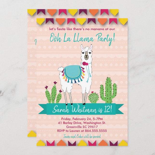 Fiesta, Ooh La Llama Invitation Anniversaire (Devant / Derrière)