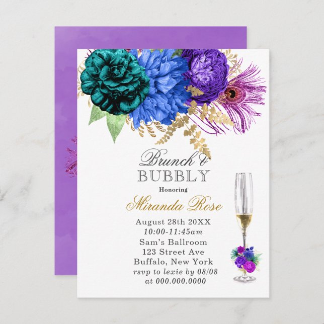 Fiesta Peacock Peony Brunch & Bubbly Invitations (Devant / Derrière)