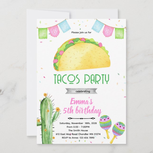Fiesta tacos girl theme invitation  (Devant)