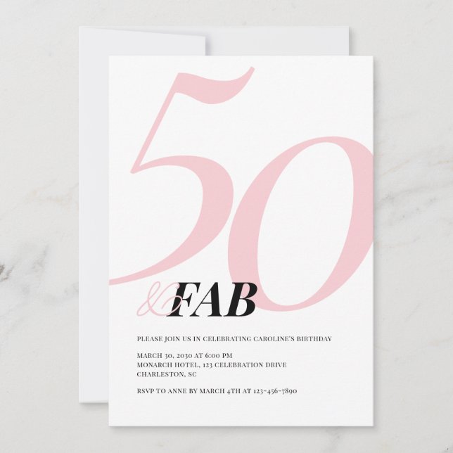 Fifty and Fabulous Pink Bold Birthday Invitation (Devant)