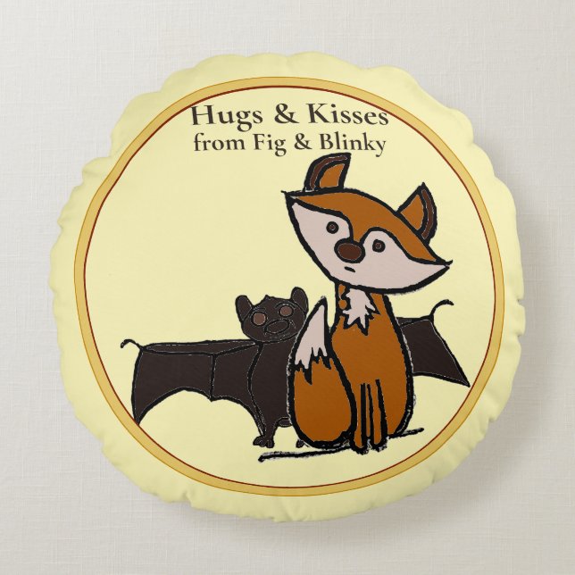 Fig & Blinky Câlins et Bisous Coussin Rond jaune (Devant)