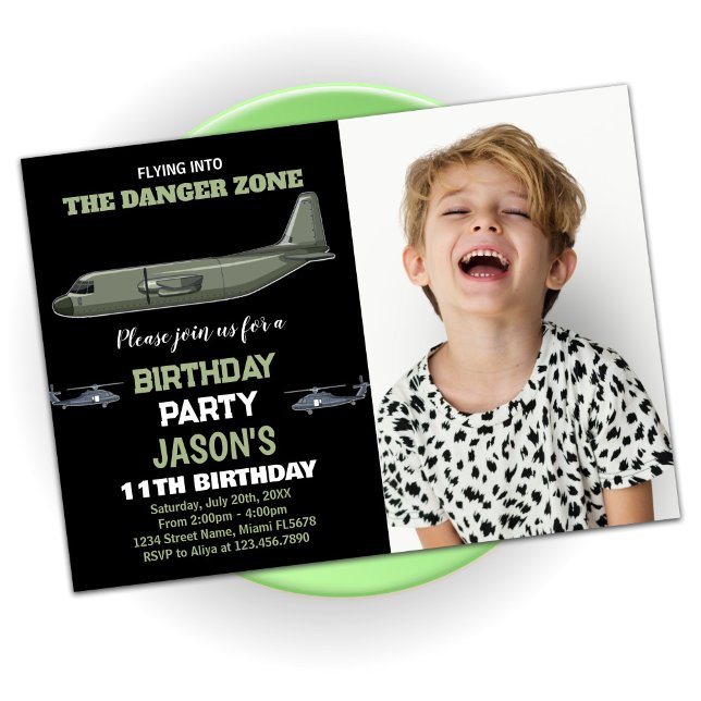 Fighter Jet Anniversaire Invitations Green Black p (Fighter Jet Birthday Invitations Green Black photo)